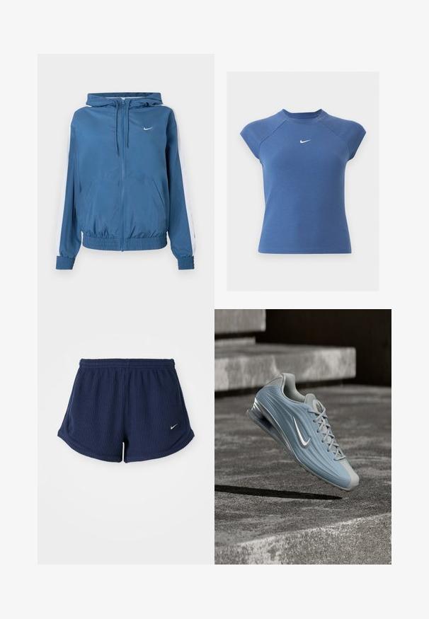 Blaues Zip-Up-Hoodie mit weißen Streifen an den Ärmeln, elastischen Bündchen und Saum, Fronttaschen und einem kleinen weißen Nike-Logo auf der Brust.; Blaues kurzärmeliges, geripptes Stricktop mit Rundhalsausschnitt und weißem Nike Swoosh-Logo mittig auf der Brust.; Dunkelblaue, gestreifte Sportshorts mit einem elastischen Bund, versehen mit einem kleinen weißen Nike-Logo an der unteren Seite. Weicher Stoff.; Hellblauer und grauer Nike-Sportschuh mit sichtbarer Luftsohlen-Dämpfung, der über einer Betonfläche mit Treppen im Hintergrund schwebt.
