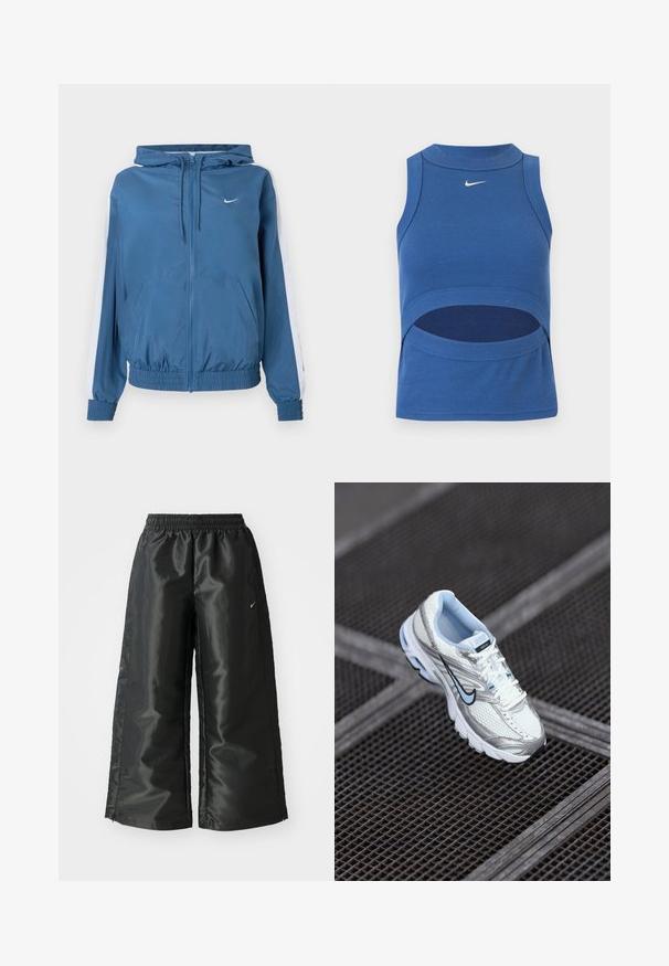 Blå lynlåsjakke med hætte, hvide striber på ærmerne, elastiske manchetter og kant, frontlommer og et lille hvidt Nike-logo på brystet.; Blå ærmeløs Nike crop top med høj hals og udskæring ved maven, ribbet stof og hvid Swoosh-logo foran midt på.; Sorte sportsbukser i et blankt, glat stof med en elastisk talje, brede ben og et lille logo på venstre side.; Hvide mesh atletiksko med sølvdetaljer, lyseblå syninger og et sort swoosh-logo. Har en polstret krave og en tekstureret sål.