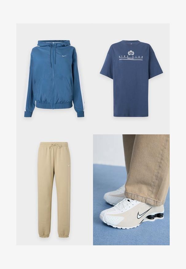 Blaues Zip-Up-Hoodie mit weißen Streifen an den Ärmeln, elastischen Bündchen und Saum, Fronttaschen und einem kleinen weißen Nike-Logo auf der Brust.; Dunkelblaues T-Shirt mit kurzen Ärmeln und weißem "NIKE CLUB SINCE 1972"-Text sowie Emblem zentriert auf der Brust.; Beige Baumwoll-Jogginghose mit elastischem Bund und Kordelzug, mit gerippten Bündchen und einem kleinen weißen Logo auf der linken Seite.; Weiße und beigefarbene Nike-Sneaker mit durchlöchertem Design, schwarzem Swoosh-Logo, strukturiertem Obermaterial und auffälliger, federnder schwarzer Ferse.