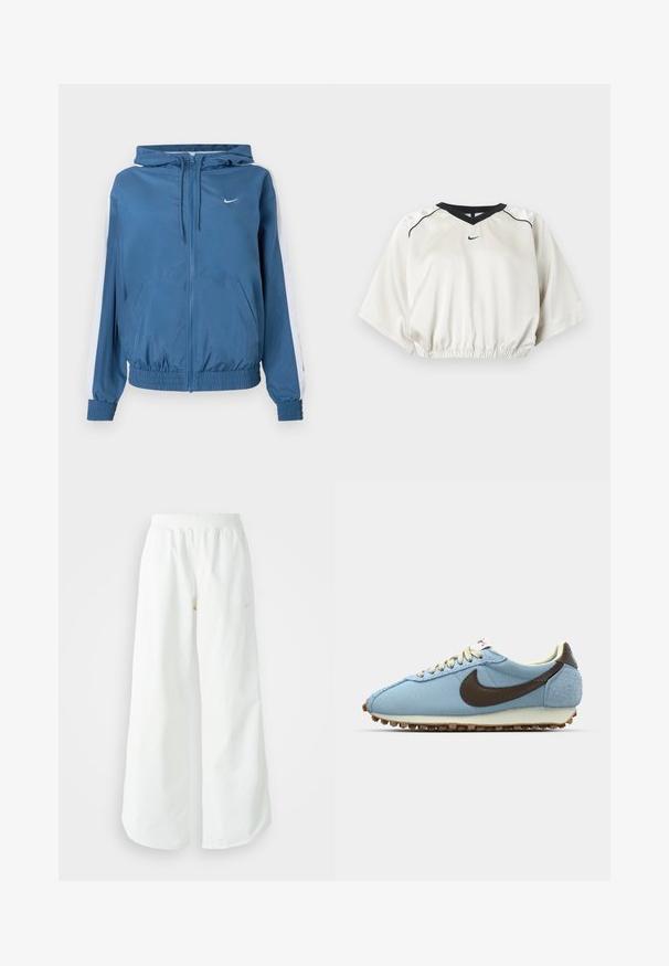 Blå lynlåsjakke med hætte, hvide striber på ærmerne, elastiske manchetter og kant, frontlommer og et lille hvidt Nike-logo på brystet.; Hvid kort sportstop med sort V-hals kant, elastisk talje, korte brede ærmer og lille sort Nike-logo foran i midten.; Hvide athletic bukser med vidde, ribbet talje og subtile logo detaljer. Glat stof med en afslappet pasform og tapered hals.; Blå atletiksko lavet af mesh og ruskind. Har et brunt Nike Swoosh, beige snørebånd og en struktureret gummisål for godt greb.