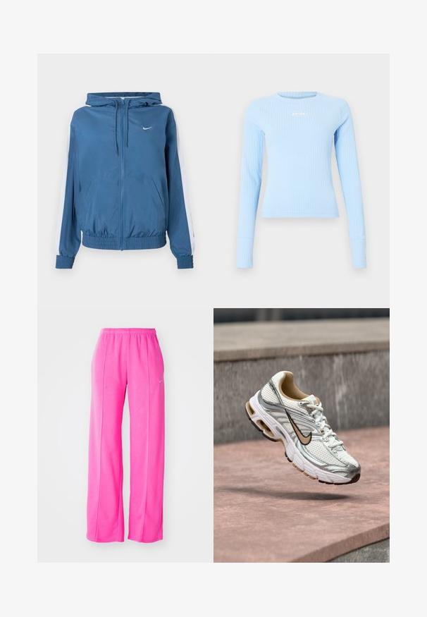 Veste à capuche zippée bleue avec des rayures blanches sur les manches, des poignets et un ourlet élastiques, des poches avant et un petit logo Nike blanc sur la poitrine.; Haut ajusté à manches longues bleu clair à côtes, avec un col rond et un petit logo "jordan" blanc sur la poitrine.; Pantalons de survêtement rose, ample et léger, avec une taille élastique et des coutures latérales. Présente un petit logo près de la cuisse supérieure gauche.; Chaussure de course Nike blanche et argentée avec un logo Swoosh beige, montrée en suspension au-dessus d'une surface en pierre avec un mur gris flou en arrière-plan.