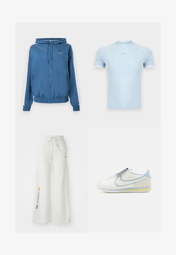 Blaues Zip-Up-Hoodie mit weißen Streifen an den Ärmeln, elastischen Bündchen und Saum, Fronttaschen und einem kleinen weißen Nike-Logo auf der Brust.; Hellblaues sportliches Kurzarmshirt aus glattem Stoff. Verfügt über einen Rundhalsausschnitt und ein dezentes Nike-Logo auf der Brust, mit weißen Akzenten.; Weiße, weit geschnittene Sweatpants mit elastischem Bund, Kordelzug, seitlichen Schlitzen, schwarzem Nike-Logo und kontrastierendem gelbem Grafiktext.; Weißer und hellblauer Nike Cortez Sneaker mit gezackten Kanten am Swoosh und einem gelben Streifen an der Sohle, seitlich dargestellt.
