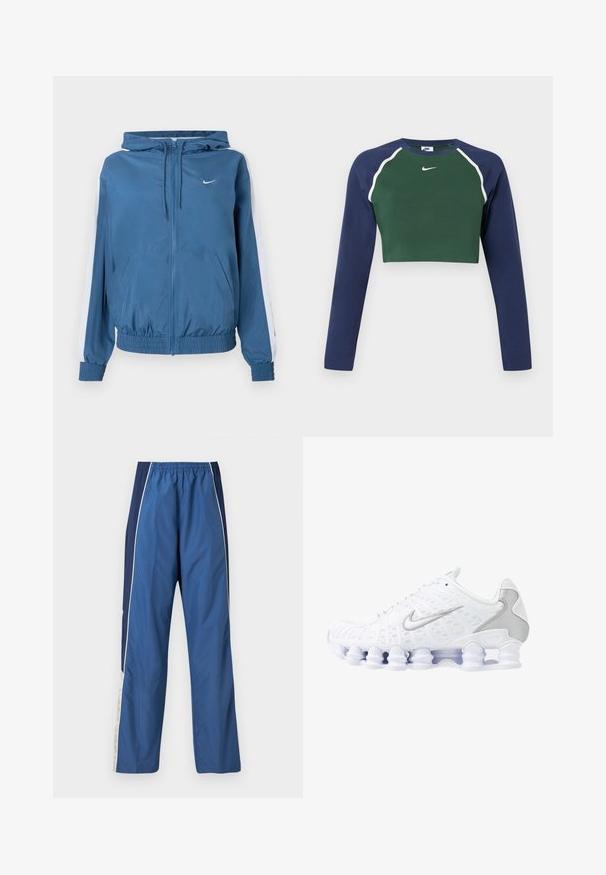 Blauwe zip-up hoodie met witte strepen op de mouwen, elastische boorden en zoom, voorzakken en een klein wit Nike-logo op de borst.; Korte mouwen cropped sweatshirt met een donkergroene voorkant, marineblauwe mouwen, witte piping en een wit Nike swoosh-logo op de borst.; Blauwe sportbroek met een lichtgewicht, gladde textuur. Elastische tailleband, contrasterend donkerblauw zijpaneel en witte accentstrepen.; Witte sportieve schoenen met een bovenwerk van mesh, zilveren accenten en een unieke spiraalzoolontwerp. Voorzien van een gevoerd kraag en vetersluiting voor een goede pasvorm.