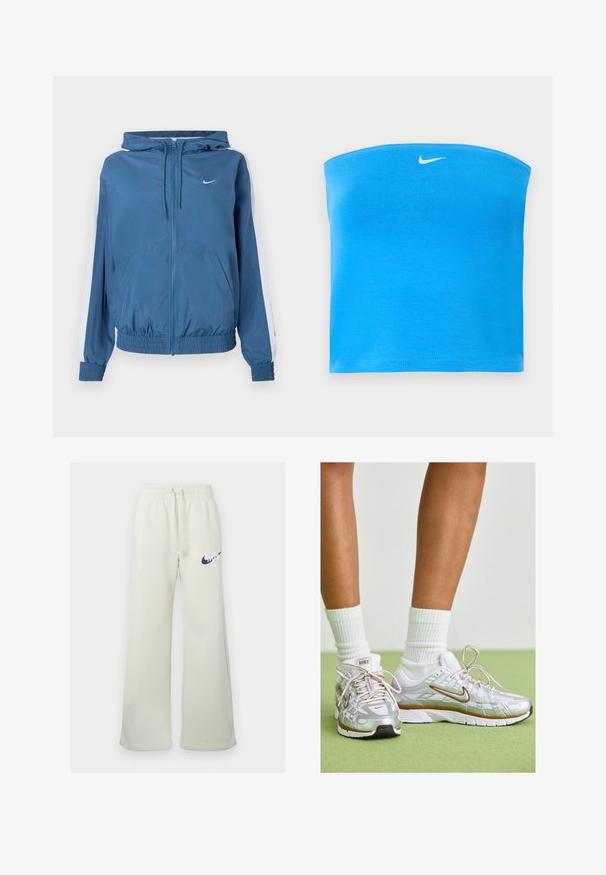 Blauwe zip-up hoodie met witte strepen op de mouwen, elastische boorden en zoom, voorzakken en een klein wit Nike-logo op de borst.; Felblauwe Nike strapless tube top met wit Swoosh-logo centraal geplaatst dicht bij de bovenkant.; Crème-kleurige sweatpants van een katoenmix, met een relaxte pasvorm, elastische tailleband met trekkoord en een marineblauw Nike-logo aan de voorkant.; Zilveren sportschoenen met witte en gouden accenten, voorzien van een mesh bovenkant, rubberen zool en een reflecterende afwerking. Sokken zichtbaar boven de enkel.