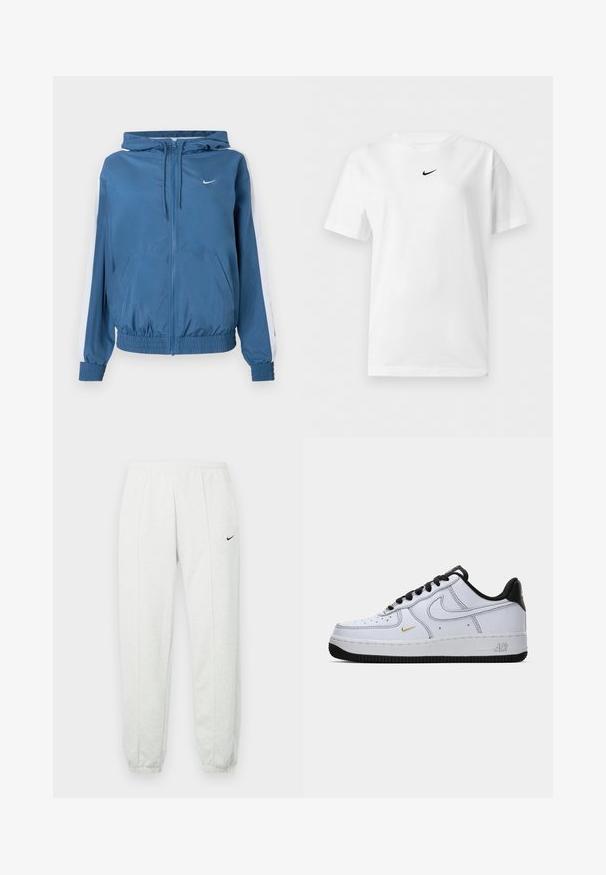 Blå lynlåsjakke med hætte, hvide striber på ærmerne, elastiske manchetter og kant, frontlommer og et lille hvidt Nike-logo på brystet.; Hvid t-shirt med korte ærmer og rund halsudskæring med et lille sort Nike Swoosh-logo centreret nær kraven.; Lysegrå Nike joggingbukser med elastisk taljebånd, tilspidsede manchetter og et lille sort logo på venstre lår. Blødt, tekstureret stof.; Hvide lav-top Nike Air Force 1 sneakers med sort sål, sorte snørebånd, sort hæl og lille gul swoosh på siden.