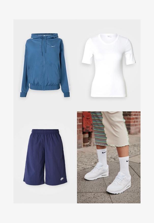 Sinine kapuutsiga jakk, millel on valged triibud varrukatel, elastsed mansetid ja alläär, esiosas taskud ning väike valge Nike logo rinnal.; Valge lühikeste varrukatega T-särk, mis on valmistatud siledast puuvillast, ümar kaelusega ja keha järgiva lõikega. Klassikaline disain, ilma mustrite või aktsentideta.; Tumedane sinine Nike'i lühikesed püksid elastse vöökohtaga, valmistatud kergest ja siledast kangast, millel on alumises servas väike valge logo.; Valged Nike Air Max 90 sneaksid, millel on silmade ja nahast pealispind, nähtava õhuüksusega, koos valgete soonikute sokkidega musta logoga.