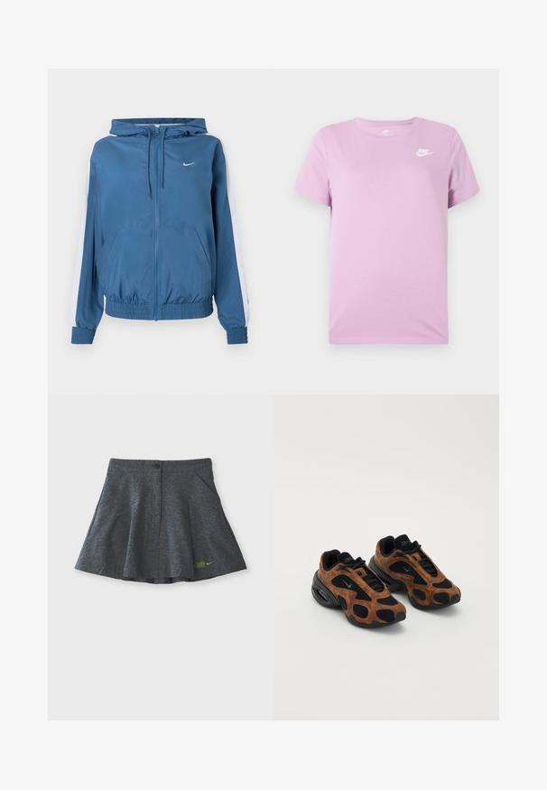 Modrá kapucňa so zipsom, biele pruhy na rukávoch, elastické manžety a lem, predné vrecká a malé biele logo Nike na hrudi.; Fialová tričko s krátkym rukávom Nike s bielym logom Nike na hornej ľavej strane hrude, okrúhlym výstrihom a jednofarebným pozadím.; Sivý šortkový sukňa vyrobená z textúrovanej tkaniny s gombíkovým zapínaním v páse, ktorá má dve bočné vrecká a nenápadné vyšívané logo na leme.; Hnedé semišové a čierne sieťované tenisky zaobleného tvaru s výraznými výrezmi a masívnou čiernou podrážkou.