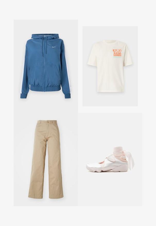Modrá kapucňa so zipsom, biele pruhy na rukávoch, elastické manžety a lem, predné vrecká a malé biele logo Nike na hrudi.; Biele tričko s krátkym rukávom s oranžovým a tyrkysovým textom "Air Jordan World Tour" a šiestimi tyrkysovými hviezdičkami na ľavej hornej časti hrudníka.; Béžové široké nohavice vyrobené z bavlny, vybavené zapínaním na gombík a pútkami na opasok, s hladkou textúrou a čistým dokončením.; Biele a bledo ružové tenisky s mäkkým látkovým obalom okolo členku zviazaným do mašle, disponujú nastaviteľným remienkom a zaoblenou podrážkou.