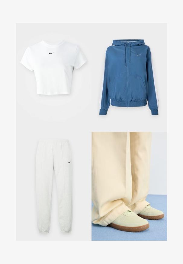 Blaues Zip-Up-Hoodie mit weißen Streifen an den Ärmeln, elastischen Bündchen und Saum, Fronttaschen und einem kleinen weißen Nike-Logo auf der Brust.; Weißes, kurz geschnittenes T-Shirt aus Baumwolle mit kurzen Ärmeln und rundem Ausschnitt, versehen mit einem schwarzen Nike-Logo auf der Brust.; Hellgraue Nike-Jogginghose mit elastischem Bund, zulaufenden Bündchen und einem kleinen schwarzen Logo am linken Oberschenkel. Weicher, strukturierter Stoff.; Grüne Wildledersneaker mit runden Zehen und strukturierten Sohlen, kombiniert mit weiten beigen Hosen, auf einer blauen Fläche.