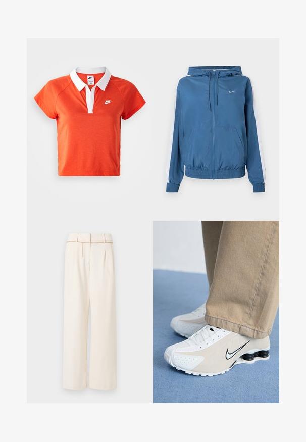 Sininen vetoketjullinen huppari, jossa on valkoiset raidat hihoissa, joustavat hihansuut ja helma, etutaskut sekä pieni valkoinen Nike-logo rinnassa.; Oranssi polo-paita, jossa on valkoinen kaulus, lyhyet hihat ja valkoinen Nike-logo vasemmassa rinnassa. Valmistettu pehmeästä puuvillasekoitteesta.; Vaaleat, leveälahkeiset korkeavyötäröiset housut, joissa on etuviillot ja ohut kultainen ketjuvyö vyötäröllä, esillä tasaisesti vaalealla taustalla.; Valkoiset ja beige Nike-tennarit, joissa on rei'itetty muotoilu, musta swoosh-logo, teksturoitu päällinen ja erottuva joustava musta kanta.