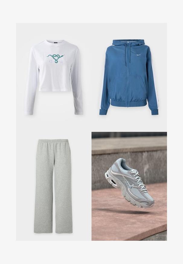 Modrá kapucňa so zipsom, biele pruhy na rukávoch, elastické manžety a lem, predné vrecká a malé biele logo Nike na hrudi.; Biely crop top s dlhým rukávom z bavlny, s grafickým motívom zelenej hadice previazanou s dizajnom kľúča na prednej strane.; Svetlošedé tepláky s elastickým pásom a širokými rovnými nohavicami, zobrazené na jednoduchom bielom pozadí.; Svetlosivá a biela bežecká obuv Nike s sieťovinou a odpruženou podrážkou, zobrazená vo vzduchu na pozadí betónových schodov.