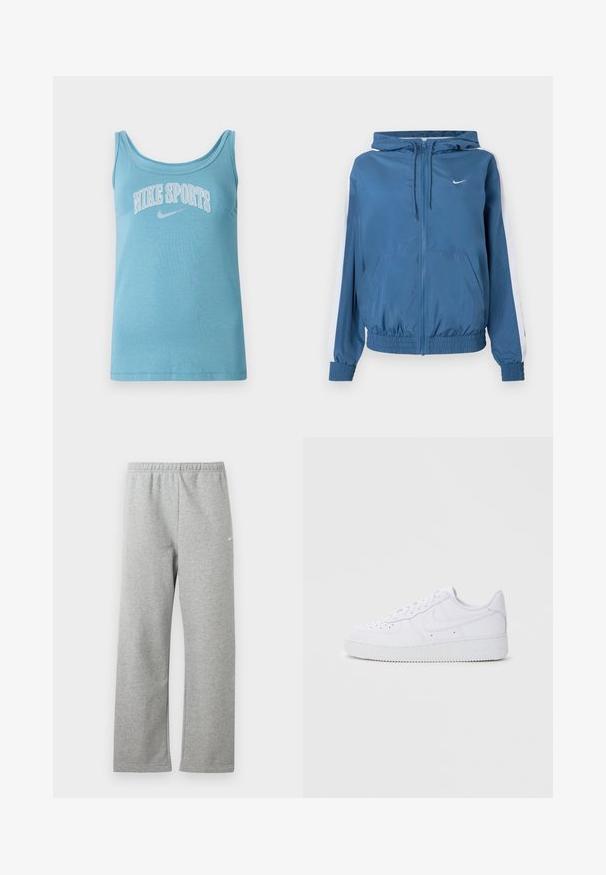 Blauwe zip-up hoodie met witte strepen op de mouwen, elastische boorden en zoom, voorzakken en een klein wit Nike-logo op de borst.; Lichtblauw sporttanktop met brede ronde hals, mouwloos ontwerp en "NIKE SPORTS" in witte letters over de borst gedrukt. Zacht katoenmateriaal.; Lichtgrijze joggingbroek met elastische tailleband en een klein wit Nike-logo op het bovenbeen, plat liggend tegen een witte achtergrond.; Witte Nike Air Force 1 sneakers met een leren bovenwerk, ronde neus, vetersluiting, gewatteerde kraag en textuurrubberzool.