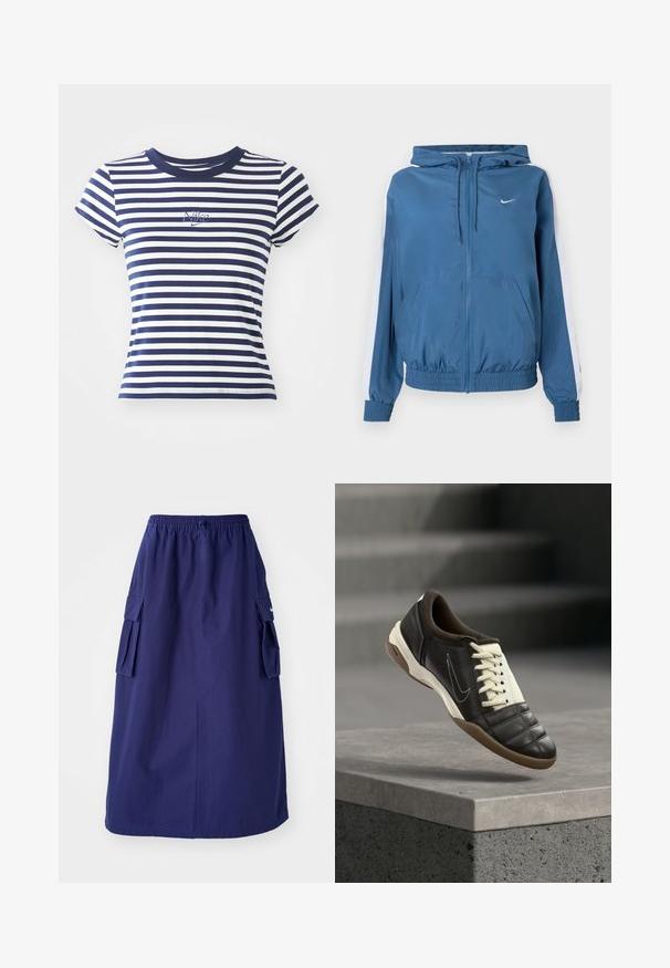 Sinine kapuutsiga jakk, millel on valged triibud varrukatel, elastsed mansetid ja alläär, esiosas taskud ning väike valge Nike logo rinnal.; Tumesinine ja valge triibuline T-särk, puuvillase segu, lühikesed varrukad, ümar kaelus, esiosas väike broderi Nike logo.; Tumedat sinine, keskpikk seelik elastse vöökohtaga, millel on kaks külgmist cargo-taskut ja minimaalne logo detail. Sile kangastekstuud.; Tumepruun nahast vabaajajalats kreemika tõmblukkude, polsterdatud krae ja tekstureeritud varbaga. Omab kummist tallaga ja külgsuunas asuvat Swoosh-logoga.