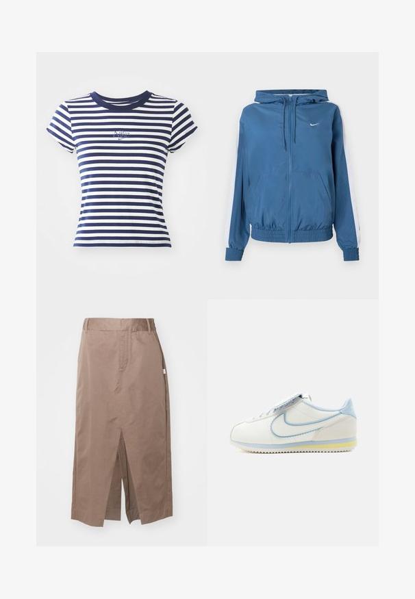 Modrá kapucňa so zipsom, biele pruhy na rukávoch, elastické manžety a lem, predné vrecká a malé biele logo Nike na hrudi.; Námornícky a biely pruhovaný tričko, z bavlnenej zmesi, s krátkymi rukávmi, okrúhlym výstrihom, so malým vyšívaným logom Nike na prednej strane.; Hnedá bavlnená sukňa so rovný dizajnom, s predným rozparkom, bočnými vreckami a štandardným pásom. Hladká textúra a prispôsobené švy.; Biele a svetlomodré tenisky Nike Cortez s vlnitými okrajmi na logu a žltým pruhom na podrážke, zobrazené v bočnom profile.