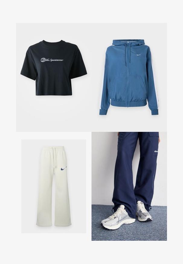 Blaues Zip-Up-Hoodie mit weißen Streifen an den Ärmeln, elastischen Bündchen und Saum, Fronttaschen und einem kleinen weißen Nike-Logo auf der Brust.; Gekürztes schwarzes Baumwoll-T-Shirt mit kurzen Ärmeln, das weißen Text "Vice Sportswear" und eine runde Grafik auf der Vorderseite zeigt.; Cremfarbene Jogginghose aus Baumwollmischung, mit entspannter Passform, elastischem Bund und Kordelzug sowie einem navyblauen Nike-Logo auf der Vorderseite.; Nike Sportschuhe mit einem silbernen Mesh-Obermaterial, weißen Akzenten und strukturierten Sohlen, kombiniert mit locker sitzenden marineblauen Hosen.