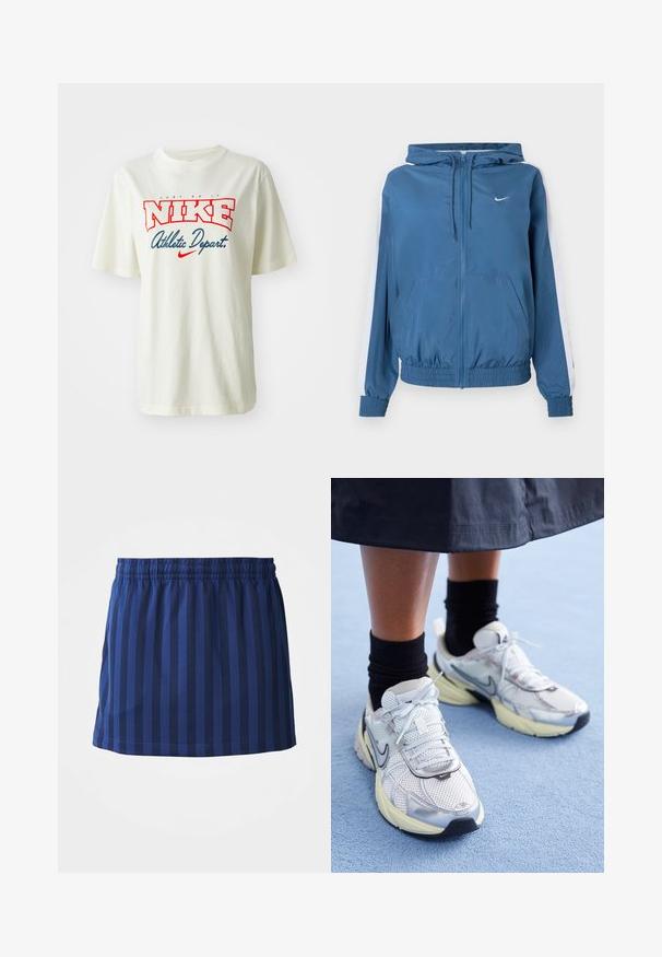 Blå lynlåsjakke med hætte, hvide striber på ærmerne, elastiske manchetter og kant, frontlommer og et lille hvidt Nike-logo på brystet.; Hvid bomulds t-shirt med rød og blå "NIKE" logo med teksten "Just Do It" ovenover og "Athletic Depart." nedenfor, korte ærmer, rund hals.; Mørkeblå nederdel med lodrette striber, elastisk talje, længde til midten af låret, lavet af letvægtsstof, glat tekstur.; Hvide og sølv Nike sneakers med mesh-stof, reflekterende detaljer og en beige sål. Bæres med sorte sokker og står på en blå overflade.