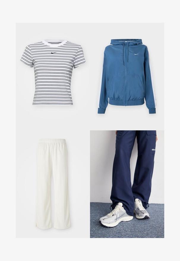 Modrá kapucňa so zipsom, biele pruhy na rukávoch, elastické manžety a lem, predné vrecká a malé biele logo Nike na hrudi.; Bielo-námornícky pruhovaný tričko s krátkym rukávom, s okrúhlym výstrihom a malým čiernym logom Nike na hrudi. Bavlnený materiál.; Krémyové nohavice s širokým strihom, vyrobené z ľahkého materiálu, s vertikálnymi pruhmi a elastickým pásom.; Športové topánky Nike s strieborným sieťovaným zvrškom, bielymi detailmi a textúrovanými podrážkami, skombinované s voľnými námorníckymi nohavicami.