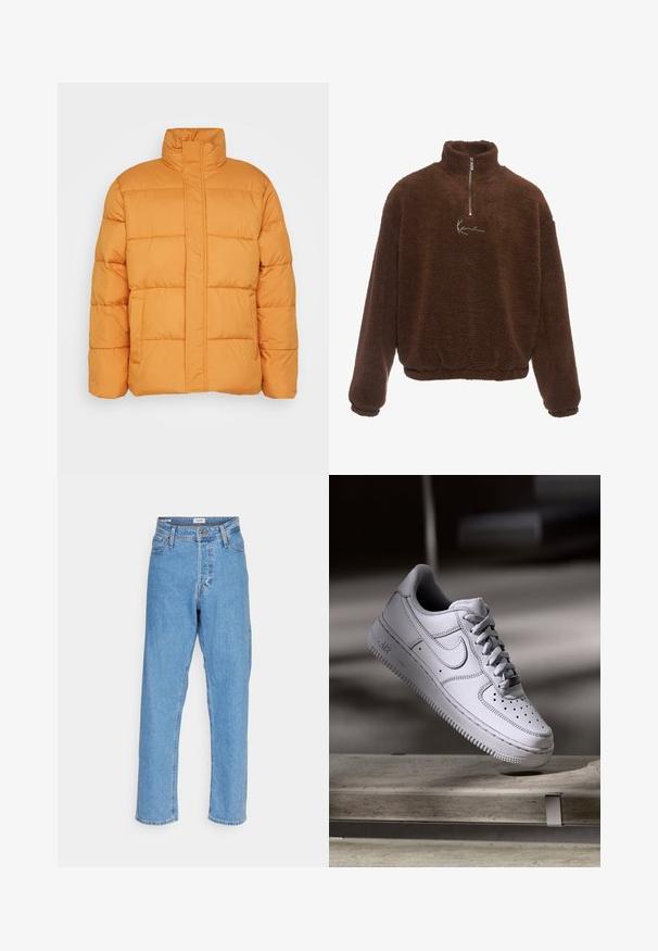 Orange pufferjakke med høj krave, quiltet tekstur og to forlommer. Fremstillet af letvægts, isoleret materiale.; Brun fleece pullover med høj krave, halv lynlås foran og lange ærmer. Har et hvidt logo på brystet. Blødt, tekstureret stof.; Lyseblå højtaljede lige ben jeans med knap foran, lynlåslukning, bæltestropper og fem-lomme design på hvid baggrund.; Hvid læder Nike Air Force 1 sneaker med perforeret tå, flade snørebånd og tekstureret gummisål med "AIR" branding på siden.