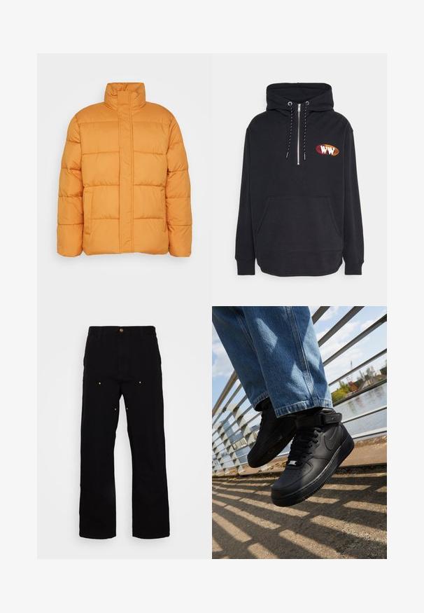 Orange pufferjakke med høj krave, quiltet tekstur og to forlommer. Fremstillet af letvægts, isoleret materiale.; WOOD WOOD CASPER HALF ZIP - Sweatshirt - black; Sorte denimbukser med lige ben, udstyret med guld hardware-detaljer og synlige syninger på for- og baglommer.; Sorte Nike Air Force 1 sneakers med læderoverdel, mesh-tunge og gummisål, der har et høj-top design og tykke snørebånd.