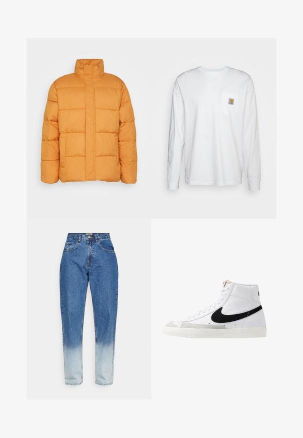 Oranje pufferjack met een hoge kraag, doorgestikte textuur en twee voorkleppen. Gemaakt van lichtgewicht, geïsoleerd materiaal.; Wit katoenen overhemd met lange mouwen, met een borstzakje met een vierkante logo patch. Eenvoudig ontwerp met een ronde halslijn en manchetten.; Redefined Rebel TOKYO - Relaxed fit jeans - bleach dip; Witte hoge sneakers met een zwarte swoosh, textuur grijze neus en een vlakke witte zool. Kenmerkt zes veteropeningen en gestikte accenten.