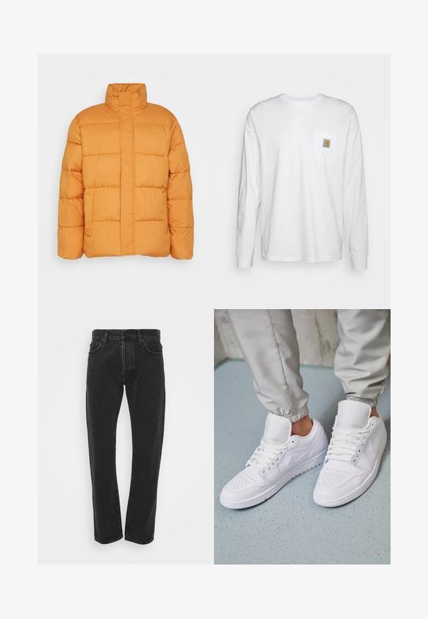 Orange Steppjacke mit hohem Kragen, gestepptem Design und zwei Fronttaschen. Hergestellt aus leichtem, isoliertem Material.; Langärmliges, weißes Hemd aus Baumwolle mit einer Brusttasche und einem quadratischen Logopatch. Einfaches Design mit rundem Ausschnitt und gefütterten Ärmeln.; Schwarze gerade geschnittene Jeans für Herren mit vorderem Knopf und Reißverschluss, fünf Taschen und Gürtelschlaufen auf einem schlichten weißen Hintergrund.; Weiße Ledersneaker mit perforierter Zehenbox, flachen Schnürsenkeln, gepolstertem Kragen und dem Jordan-Logo auf der Zunge. Getragen mit grauen Jogginghosen.