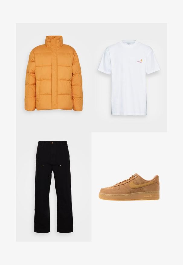 Oranje pufferjack met een hoge kraag, doorgestikte textuur en twee voorkleppen. Gemaakt van lichtgewicht, geïsoleerd materiaal.; Witte katoenen t-shirt met korte mouwen. Ontworpen met een klein oranje en kastanjebruin logo op de linkerkant van de borst. Heeft een klassieke ronde hals.; Zwarte denim broek met een recht-pijp ontwerp, voorzien van gouden hardware accenten en zichtbare stiksels op de voor- en achterzakken.; Nike Sportswear AIR FORCE 1 07 - Sneakers laag - flax/wheat/light brown/black/team gold