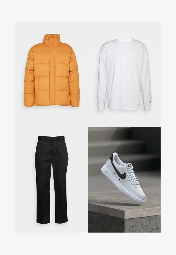 Veste matelassée orange avec col haut, texture matelassée et deux poches avant. Fabriquée en matériau léger et isolant.; T-shirt blanc à manches longues en coton. Design à col rond avec des poignets côtelés et un petit logo sur la manche gauche. Texture lisse.; Pantalons noirs en tissu lisse, avec une coupe droite, des passants de ceinture et deux poches latérales. Look classique sans embellissements.; Baskets blanches Nike Air Force 1 avec logo Swoosh noir, flottant au-dessus d'un rebord en béton avec des escaliers flous en arrière-plan.