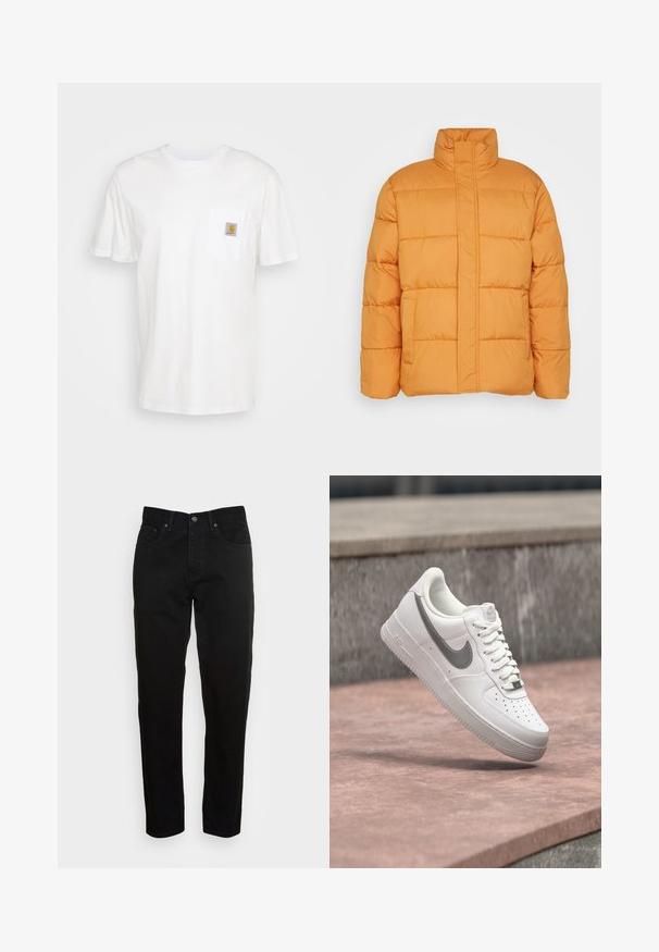Chaqueta puffer naranja con un alto cuello, textura acolchada y dos bolsillos frontales. Fabricada con material ligero e aislante.; Camiseta de algodón blanca con mangas cortas, un bolsillo en el pecho y un pequeño parche cuadrado de logo en naranja y blanco en el bolsillo.; Jeans negros ajustados con cierre de botón frontal y diseño de cinco bolsillos, mostrados sobre un fondo gris claro liso.; Zapatilla blanca Nike Air Force 1 con logo swoosh gris flotando sobre una superficie de piedra y un fondo de pared de piedra gris.