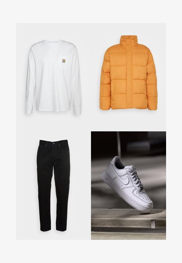 Chaqueta puffer naranja con un alto cuello, textura acolchada y dos bolsillos frontales. Fabricada con material ligero e aislante.; Camisa blanca de manga larga hecha de algodón, con un bolsillo en el pecho que lleva un parche de logo cuadrado. Diseño sencillo con escote redondeado y mangas con puños.; Jeans negros ajustados con cierre de botón frontal y diseño de cinco bolsillos, mostrados sobre un fondo gris claro liso.; Zapatilla Nike Air Force 1 de cuero blanco que presenta una puntera perforada, cordones planos y una suela de goma texturizada con la marca "AIR" en el lateral.