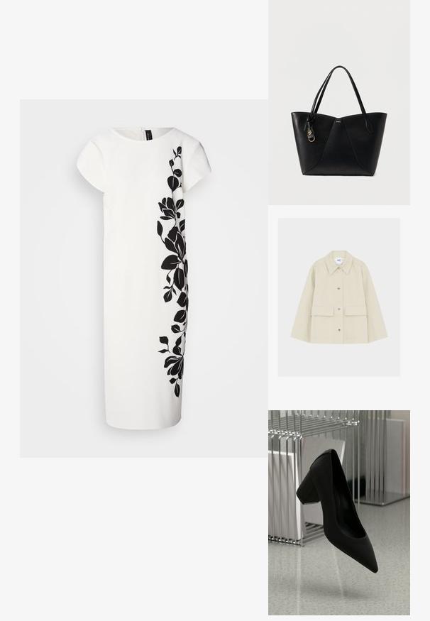 Veste beige à boutons avec grandes poches devant, large col et manches longues, présentée sur un fond blanc uni.; Robe blanche à manches courtes, avec un motif floral noir sur un côté. Texture douce, coupe aux genoux, lignes épurées et fermeture éclair au dos.; Chaussure à talon haut noire avec un bout pointu et un talon épais, en cuir texturé, suspendue au-dessus d'un sol lisse.; Sac cabas en cuir noir avec double poignées, détails de coutures discrets, petit logo doré "BOSS" et étiquette en cuir attachée avec ferrures dorées.