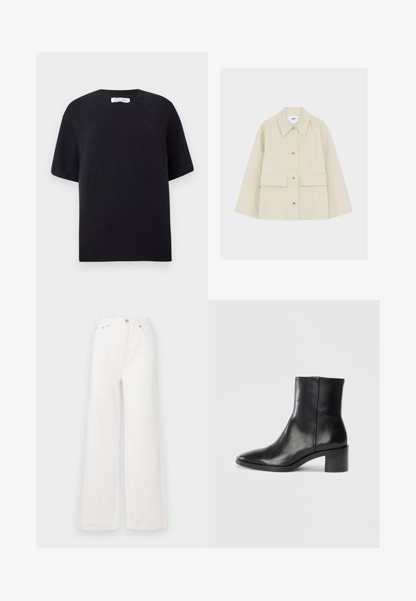 Beige jakke med knapper, store forlommer, bred krave og lange ærmer, vist på en ensfarvet hvid baggrund.; Sort strikket sweater med korte ærmer, rund halsudskæring og ribbet kant. Glat tekstur med en afslappet pasform. Minimalistisk design.; Hvide højtaljede brede jeans lavet af denim. Har frontlommer, knaplukning og afrivede kantdetaljer.; Sorte læderankelstøvle med spids tå, lav blokhæl og subtilt præget logo. Glat tekstur med et elegant design og minimal søm.