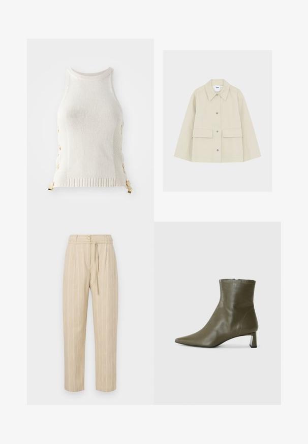 Veste beige à boutons avec grandes poches devant, large col et manches longues, présentée sur un fond blanc uni.; Débardeur en tricot blanc à encolure haute, avec des accents de laçage sur les côtés en beige, et un ourlet côtelé en bas.; Pantalon beige à rayures avec une coupe décontractée, présentant une taille cintrée, une fermeture à bouton et une ceinture à nouer, fabriqué à partir d'un tissu léger.; Bottine en cuir vert olive avec un bout pointu et un talon carré de 4 cm ; texture lisse et design minimaliste avec une fermeture à glissière.