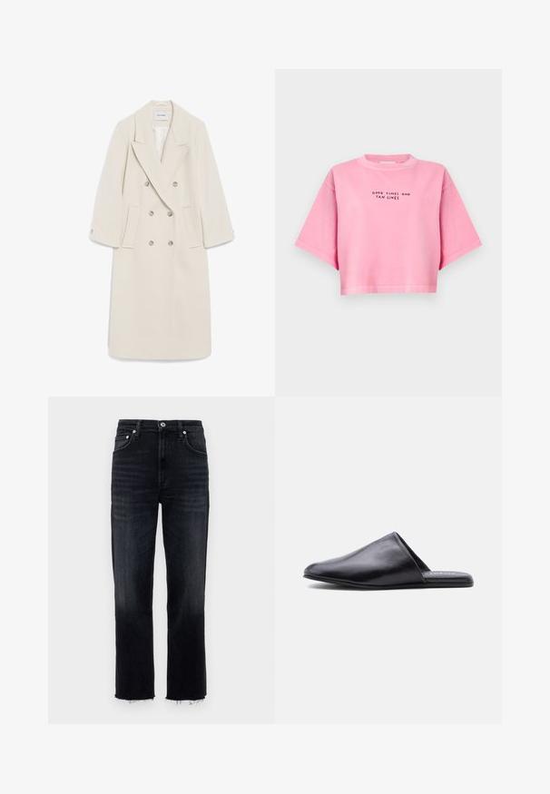 Doppelreiher-Crememantel mit Reverskragen, seitlichen Taschen und Knopfdetails. Hergestellt aus weichem Stoff mit einer strukturierten Silhouette.; Pinkes kurzes T-Shirt aus weichem Stoff, mit kurzen Ärmeln und dem schwarzen Aufdruck "GOOD TIMES AND TAN LINES".; Hochgeschnittene, gerade Jeans aus dunkel gewaschenem Denim mit fransigem Saum und klassischem Fünf-Taschen-Design mit silbernen Hardware-Elementen.; Schwarzer Leder-Slipper mit spitz zulaufender Vorderkappe und flacher Sohle, seitlich auf weißem Hintergrund gezeigt.