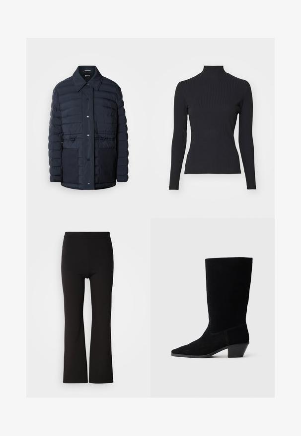 Marineblå pufferjakke med knaplukning, der har krave, to forlommer og en indsnævret taljedesign. Glat tekstur med quiltet mønster.; Sort ribbet turtle-sweater med lange ærmer. Lavet af strækbart stof med en tætsiddende pasform og høj krave. Enkel design uden udsmykninger.; Sorte flarebukser med et glat, strækbart stof. Høj talje, tætsiddende over hofterne og løs fra knæene og ned.; Sort ruskind ankelstøvle med spidse tæer, mellemhøj skaft og en chunky hæl. Fuldender et minimalistisk design med lidt syninger og en glat tekstur.