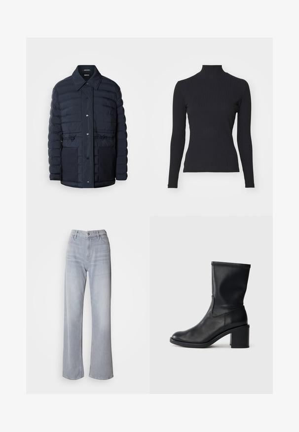Marineblå pufferjakke med knaplukning, der har krave, to forlommer og en indsnævret taljedesign. Glat tekstur med quiltet mønster.; Sort ribbet turtle-sweater med lange ærmer. Lavet af strækbart stof med en tætsiddende pasform og høj krave. Enkel design uden udsmykninger.; Lys grå vidde jeans med høj talje, lavet af denim. Har forlommer, lynlås og subtil falmen over det hele.; Sort læder ankelstøvle med rund tå, glat tekstur og en grov hæl, der har et tætsiddende skaft og subtil syning.