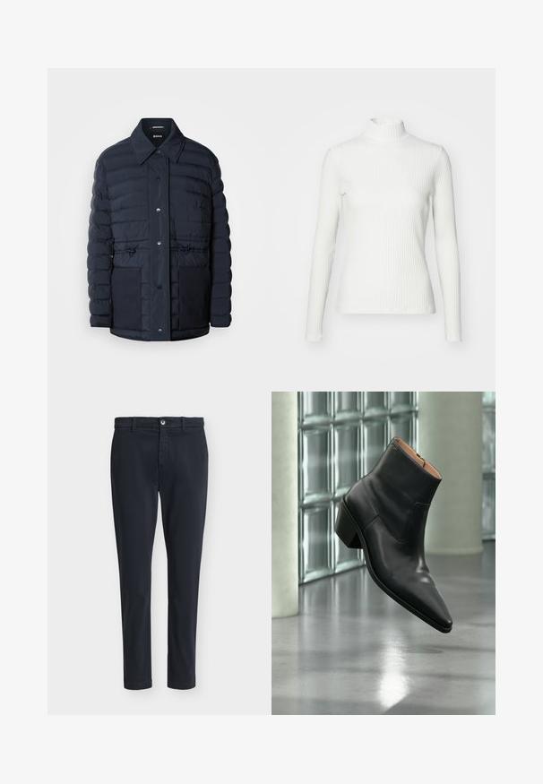 Marineblå pufferjakke med knaplukning, der har krave, to forlommer og en indsnævret taljedesign. Glat tekstur med quiltet mønster.; Hvid ribbet turtleneck blouse med lange ærmer, lavet af elastisk stof. Har et tætsiddende design og høj hals for god dækning.; Mørkeblå mænds slim-fit afslappede bukser med knaplukning og bæltestropper, vist på en ensfarvet lysegrå baggrund.; Sort læderankelstøvle med spids tå og blokhæl, der svæver over en reflekterende grå gulv nær en væg af glasblokke.
