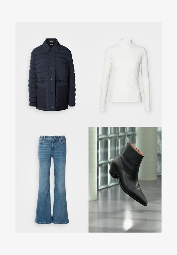 Marineblauer Puffermantel mit Knopfverschluss, ausgestattet mit einem Kragen, zwei Vordertaschen und einem taillierten Design. Glatte Textur mit gesteppetem Muster.; Weißes geripptes Turtleneck-Oberteil mit langen Ärmeln, aus elastischem Stoff. Verfügt über ein enganliegendes Design und einen hohen Kragen für zusätzlichen Schutz.; Hellblaue, weit geschnittene Jeans aus Denim, mit fünf Taschen, sichtbaren Nähten und einem Knopf- sowie Reißverschlussverschluss an der Taille.; Schwarzer Leder-Stiefelette mit spitzer Schuhspitze und Blockabsatz, der über einem reflektierenden grauen Boden nahe einer Glassteinwand schwebt.