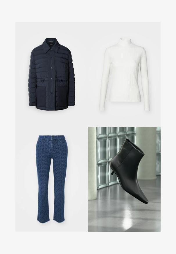 Marineblauer Puffermantel mit Knopfverschluss, ausgestattet mit einem Kragen, zwei Vordertaschen und einem taillierten Design. Glatte Textur mit gesteppetem Muster.; Weißes geripptes Turtleneck-Oberteil mit langen Ärmeln, aus elastischem Stoff. Verfügt über ein enganliegendes Design und einen hohen Kragen für zusätzlichen Schutz.; Dunkelblaue Jeans mit einem wiederholten kreisförmigen Muster, geradem Beinschnitt, ausgefransten Säumen und traditionellem Fünf-Taschen-Design, mit einem Knopfverschluss vorne.; Schwarzer Leder-Stiefelette mit spitzer Zehenpartie und niedrigem Kitten-Heel, schräg dargestellt vor einem polierten Boden und einer Glasbausteinwand.