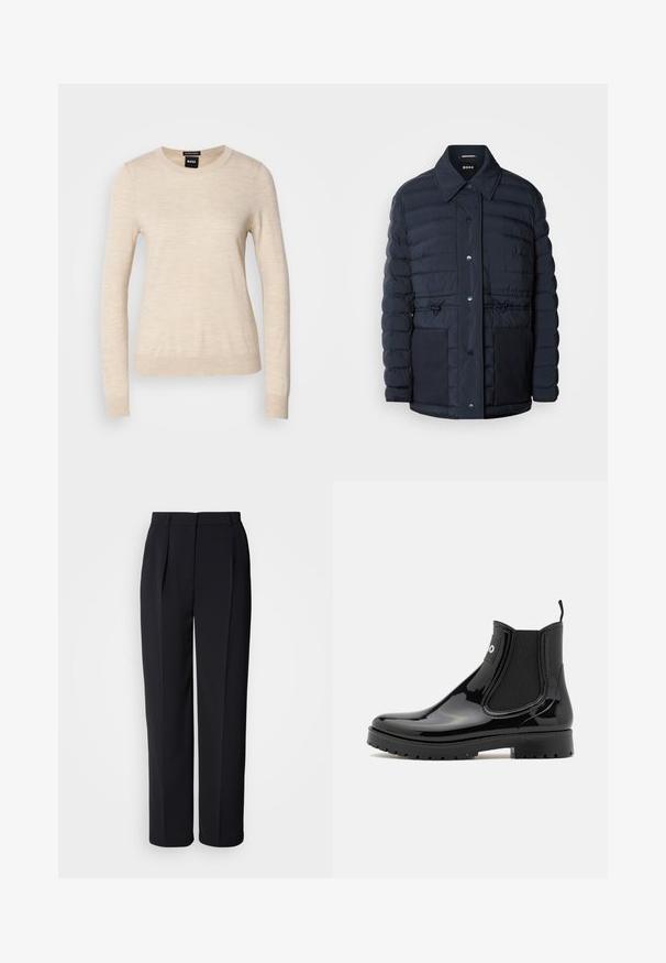 Marineblauer Puffermantel mit Knopfverschluss, ausgestattet mit einem Kragen, zwei Vordertaschen und einem taillierten Design. Glatte Textur mit gesteppetem Muster.; BOSS FERPINA - Strickpullover - light beige; Schwarze, maßgeschneiderte Hose mit geradem Bein, vorderen Falten, Gürtelschlaufen und verdecktem Frontverschluss vor weißem Hintergrund.; HUGO TABITA - Gummistiefel - black