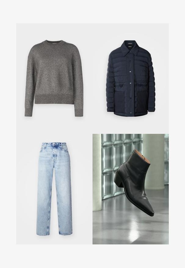 Marineblå pufferjakke med knaplukning, der har krave, to forlommer og en indsnævret taljedesign. Glat tekstur med quiltet mønster.; Grå sweater med en refleksiv strikket tekstur, rund halsudskæring, og ribbede manchetter og kant; let løs pasform og lange ærmer.; Lyseblå højtaljede jeans med løs pasform, der har lige ben, fem lommer og en klassisk knap- og lynlåslukning.; Sort læderankelstøvle med spids tå og blokhæl, der svæver over en reflekterende grå gulv nær en væg af glasblokke.