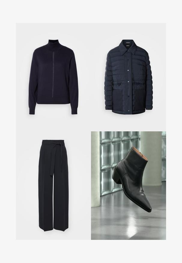 Marineblå pufferjakke med knaplukning, der har krave, to forlommer og en indsnævret taljedesign. Glat tekstur med quiltet mønster.; Marine krave sweater i blødt strikstof, med halv lynlås foran, lange ærmer og en tætsiddende kant. Minimalistisk design uden mønstre.; Vide sorte bukser lavet af blød stof. Har en bælteholdbar talje og frontfolder. Glat tekstur med et rent, moderne design.; Sort læderankelstøvle med spids tå og blokhæl, der svæver over en reflekterende grå gulv nær en væg af glasblokke.