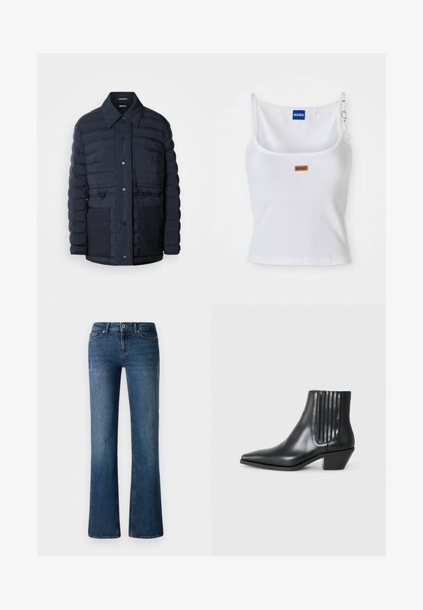 Marineblauer Puffermantel mit Knopfverschluss, ausgestattet mit einem Kragen, zwei Vordertaschen und einem taillierten Design. Glatte Textur mit gesteppetem Muster.; Weißes, geripptes Tanktop mit verstellbaren Trägern, ausgestattet mit einem blauen Logolabel und einem kleinen braunen Etikett, gefertigt aus weichem, dehnbarem Material.; Dunkelblaue Denim-Jeans mit einem ausgestellten Bein-Design, das subtile Auswaschungen und abgenutzte Details in der Nähe der Oberschenkel- und Kniebereiche aufweist.; Schwarze Leder-Ankle-Boots mit spitzem Zehenbereich, seitlichen elastischen Einsätzen mit vertikalen Rillen und einem niedrigen Blockabsatz. Glatte Textur und elegantes Design.