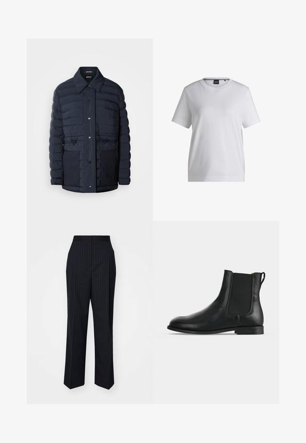 Doudoune marine avec fermeture à boutons, dotée d'un col, de deux poches avant et d'une taille cintrée. Texture lisse avec un motif matelassé.; T-shirt en coton blanc avec un col rond, des manches courtes et une coupe décontractée. Il présente une petite étiquette de marque près du col.; Pantalons bleu marine avec des rayures blanches verticales, coupe droite, taille intermédiaire et texture de tissu lisse.; Bottine Chelsea en cuir noir avec panneaux latéraux élastiques, petit talon, bout arrondi et languette à l’arrière sur un fond gris uni.