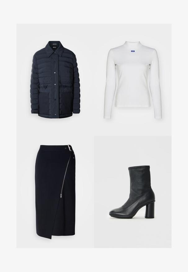 Marineblå pufferjakke med knaplukning, der har krave, to forlommer og en indsnævret taljedesign. Glat tekstur med quiltet mønster.; Hvid langærmet turtleneck-top lavet af strækstof, med en tætsiddende design og et lille blåt logo på brystet.; Mørkeblå blyantskirt lavet af strækbart stof, med en sidelukning med lynlås, en asymmetrisk kant og en elegant silhuet.; Sort læderstøvle til midten af læggen med rund tå og en kraftig høj hæl, vist mod en ensfarvet lysegrå baggrund.