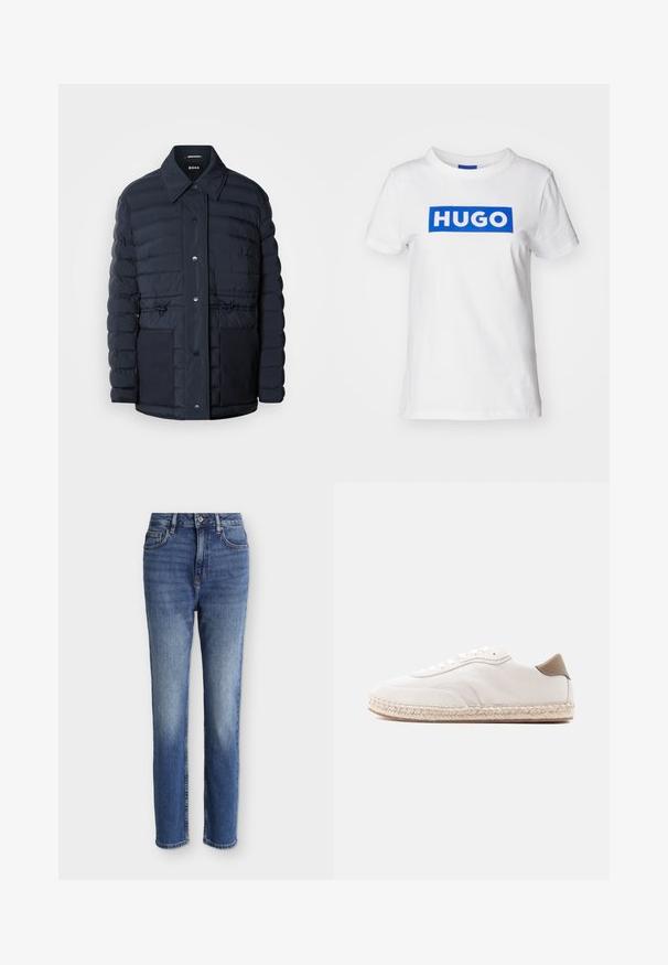 Marineblauer Puffermantel mit Knopfverschluss, ausgestattet mit einem Kragen, zwei Vordertaschen und einem taillierten Design. Glatte Textur mit gesteppetem Muster.; Weißes Baumwoll-T-Shirt mit einem blauen rechteckigen "HUGO"-Logo, das quer über die Brust gedruckt ist. Klassischer Rundhalsausschnitt und kurze Ärmel.; Midblaue Jeans mit hoher Taille und geradem Bein, vorne Taschen, Gürtelschlaufen, Knopfverschluss und dezenten, ausgewaschenen Details an Oberschenkeln und Knien.; Weißer Sneaker mit Obermaterial aus Wildleder, beigen Akzenten und einer Sohlenpartie aus gewebtem Jute. Ausgestattet mit flachen Schnürsenkeln und einem seitlichen Logo mit Markenaufdruck.