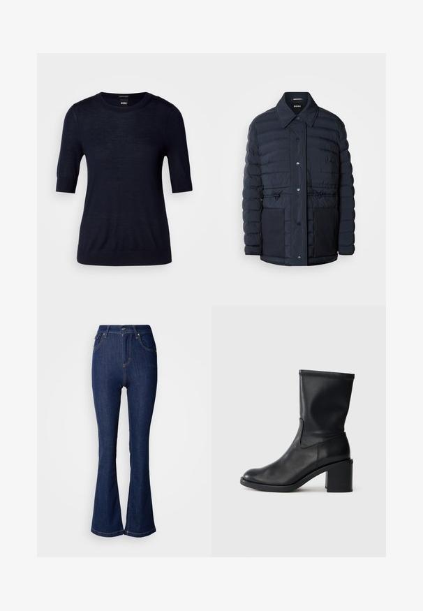 Marineblauer Puffermantel mit Knopfverschluss, ausgestattet mit einem Kragen, zwei Vordertaschen und einem taillierten Design. Glatte Textur mit gesteppetem Muster.; Navyblaues Kurzarm-Pullover aus leichtem Strickstoff. Mit Rundhalsausschnitt und geripptem Saum für eine schmale Passform.; Dunkelblaue Schlagjeans aus Denim mit hoher Taille, mit Fronttaschen, kontrastierendem Nähen und Knopfverschluss.; Schwarze Leder-Ankle Boots mit runder Zehenform, glatter Oberfläche und dicker Absatz, ausgestattet mit einem eng anliegenden Schaft und subtilen Nähten.