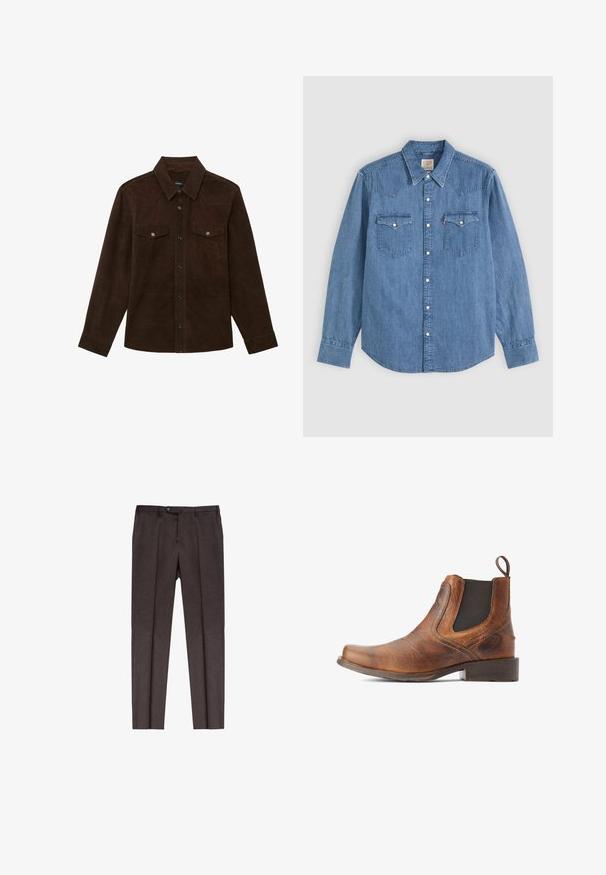 Camisa de ante marrón oscuro con botones, mangas largas, cuello puntiagudo y dos bolsillos delanteros con solapas y botones de metal.; Camisa vaquera azul de manga larga con cuello puntiagudo, cierre de botones en la parte delantera y dos bolsillos en el pecho con solapas y botones sobre un fondo liso.; Pantalones marrones de corte a medida en un tejido texturizado. Presentan un corte de pierna recta, pliegues en la parte delantera y un cierre de botón en la cintura.; Botas Chelsea de cuero marrón con puntera redondeada, paneles laterales elásticos y una pequeña tira de agarre; acabado texturizado y sutiles detalles de costura.