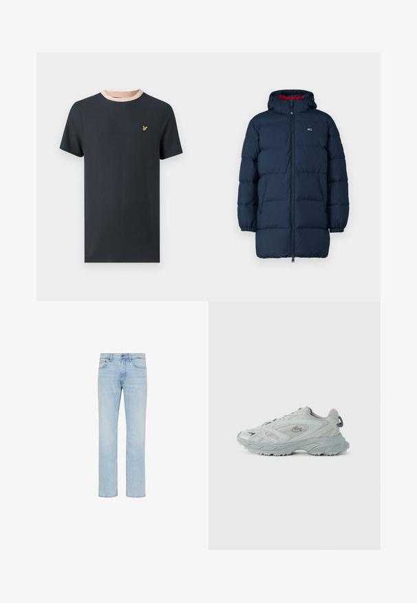 Tommy Jeans ESSENTIAL - Untuvatakki - dark night navy; Tumma laivastonsininen T-paita, jossa on lyhyet hihat, kontrastinen vaaleanpunainen ribbineuloskaulus ja pieni kultainen merkki rinnassa. Pehmeä puuvillamateriaali.; Vaaleansiniset suorat farkut, joissa edessä nappi, vetoketjullinen suljenta ja viiden taskun malli, esitetty valkoisella taustalla.; Vaaleanharmaat urheilukengät, joissa on tekstuuripinta, vahvistettu varvas ja erottuva paksu pohja. Varusteena hienovarainen logo ja nauhakiinnitysjärjestelmä.