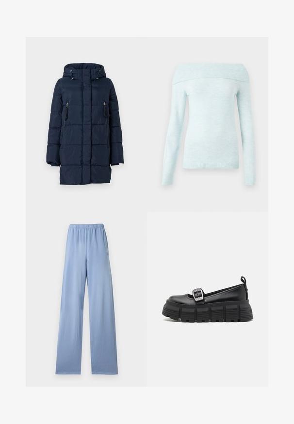 Námornícko modrá puffa bunda s kapucňou, ktorá má bočné vrecká na zips a prešívaný dizajn. Vyrobená z hladkého, ľahkého materiálu.; Svetlá modrá, off-shoulder sveter vyrobený z mäkkého, štruktúrovaného materiálu s dlhými rukávmi a rebrovanými akcentmi na výstrihu a manžetách.; Svetlomodré nohavice so širokými nohavicami a elastickým pásom, zobrazené na rovnej ploche na bielom pozadí.; Čierne platformové mokasíny s okrúhlou špičkou, hladkým koženým vrchom, nastaviteľným prackovým zapínaním a textúrovanou gumovou podrážkou s horizontálnymi drážkami.