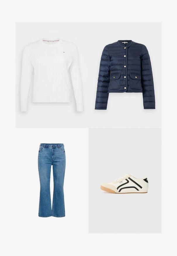 Marineblå quiltet jakke med rund halsudskæring, guld trykknapper foran, flettet kant og to forlommer med klap og knap.; Hvid strikket sweater med et struktureret diamantmønster, rund halsudskæring og lange ærmer. Lille logoaccent på brystet.; Lyseblå denimjeans med høj talje, brede vide ben, forlommer og syningsdetaljer langs sømmene. Har lukning med metalknap.; Hvide lærredssneakers med sorte accenter og striber, rund tå, gummisål og diskret branding. Teksturstof med glatte overlay.